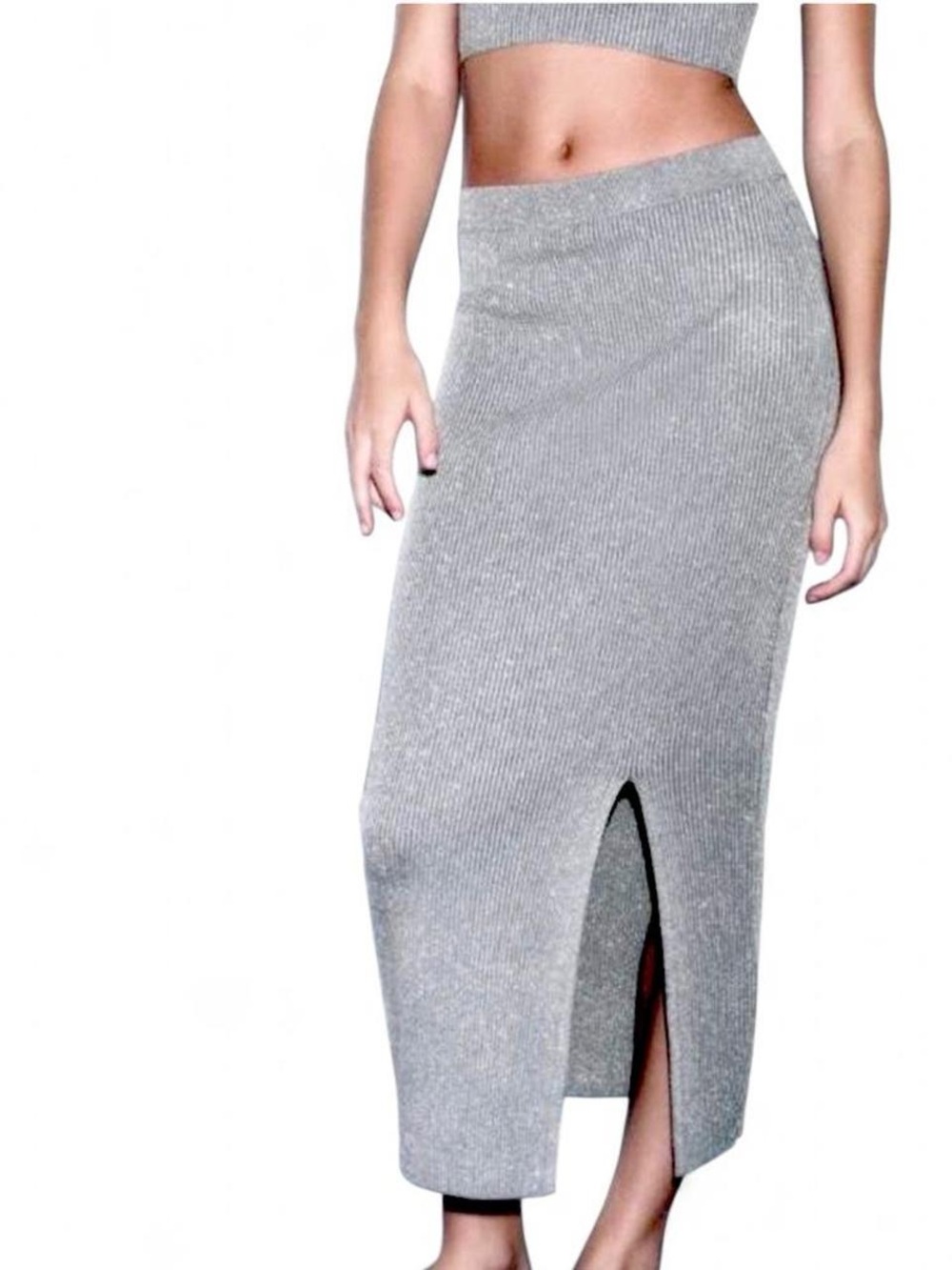 Zara Silver Metallic Ribbed Midi Skirt